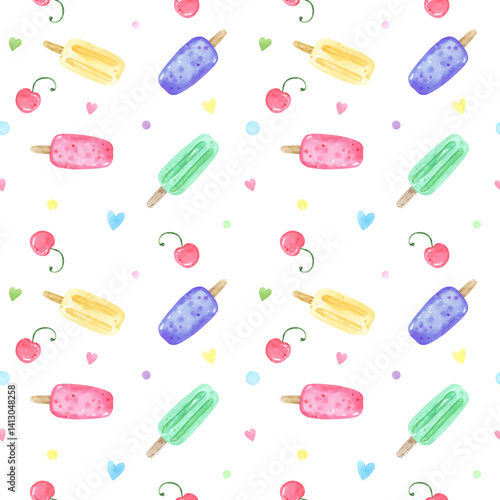 Watercolor seamless pattern colorful popsicles, ice cream background. Including rainbow. Perfect for summer-themed designs, textiles, wrapping paper, digital paper