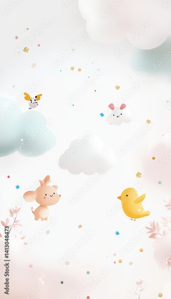 Charming minimalist kindergarten name card design with rounded border, tiny animals, and cloud space Charming minimalist kindergarten name card design with rounded border, tiny animals, and cloud space