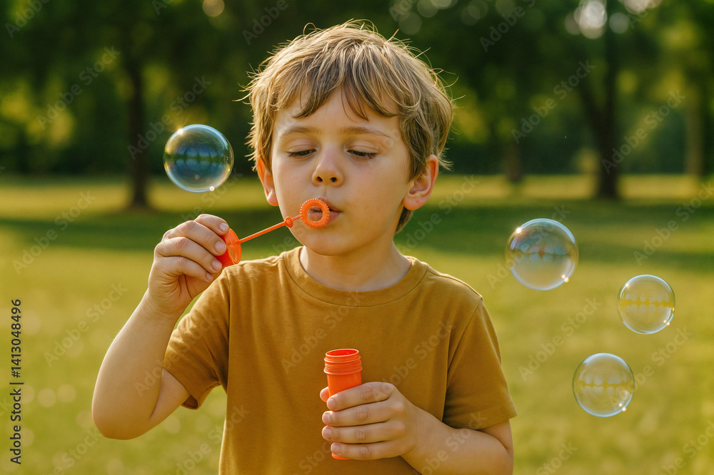 The image shows a young boy blowing bubbles in a park