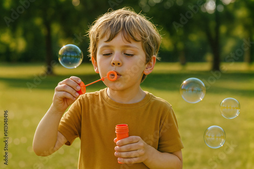 Obraz na płótnie The image shows a young boy blowing bubbles in a park w salonie
