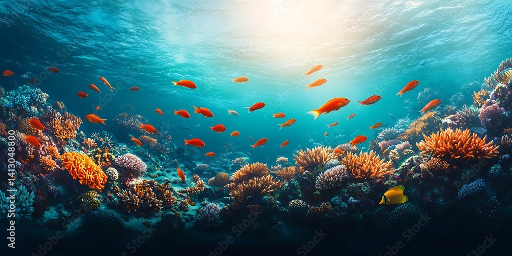 Obraz premium Underwater Scene with Vibrant Coral Reef and School of Colorful Fish in Clear Tropical Water