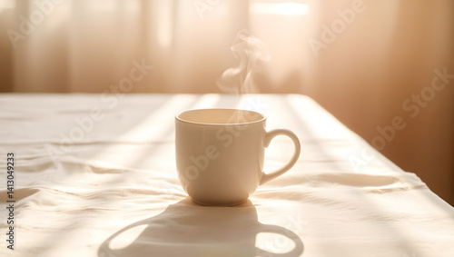 Warm Morning Sunlight Illuminates a Delicate White Ceramic Mug of Coffee or Tea