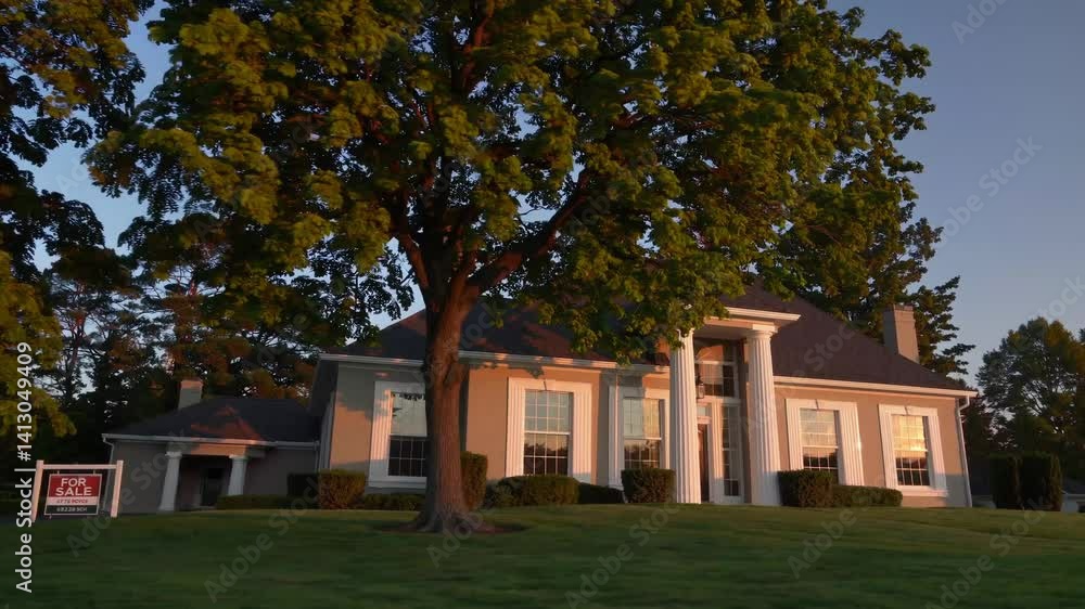 Elegant suburban house with white facade and a large green tree in front lawn bathed by warm golden sunset light calm atmosphere real estate property residential lifestyle evening Elegant suburban house with white facade and a large green tree in front lawn bathed by warm golden sunset light calm atmosphere real estate property residential lifestyle evening