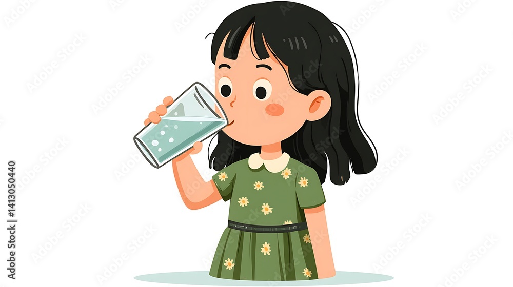Cute Girl Drinking Water from Glass in Pixel Art Style Cute Girl Drinking Water from Glass in Pixel Art Style