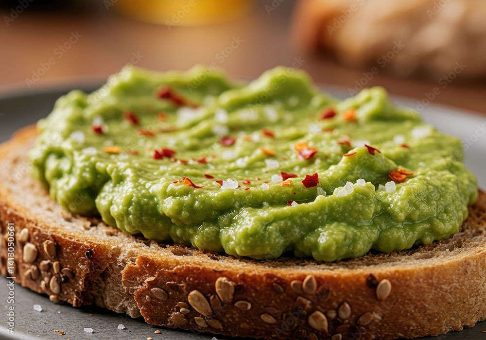 Avocado toast with red pepper flakes and salt on a gray plate close up Avocado toast with red pepper flakes and salt on a gray plate close up