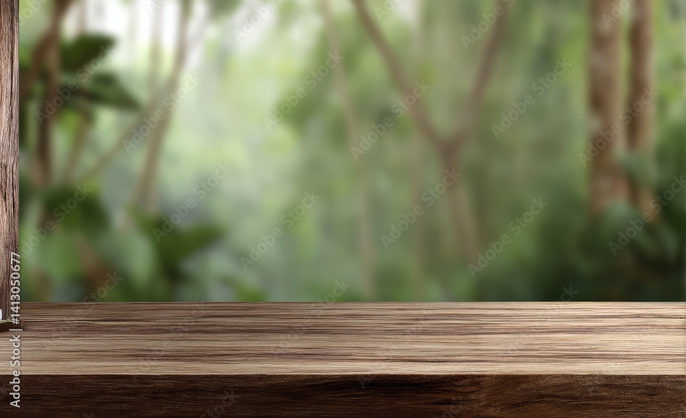 Wooden tabletop with blurred green forest background Wooden tabletop with blurred green forest background