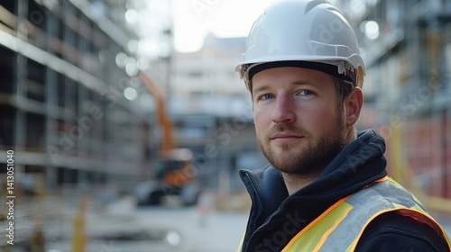 A young European man dressed in safety gear poses confidently at a construction site, capturing the essence of modern industry and teamwork.
