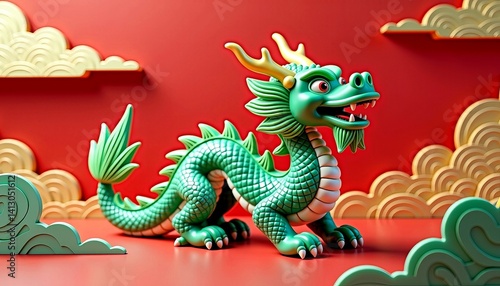 Wallpaper Mural Traditional Chinese Green Dragon Figurine on Red Festive Background Torontodigital.ca