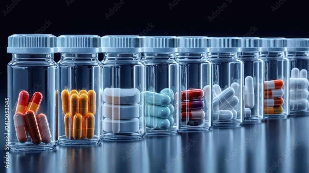 A series of transparent bottles filled with various types of colorful pills and capsules, arranged neatly on a dark surface. A series of transparent bottles filled with various types of colorful pills and capsules, arranged neatly on a dark surface.
