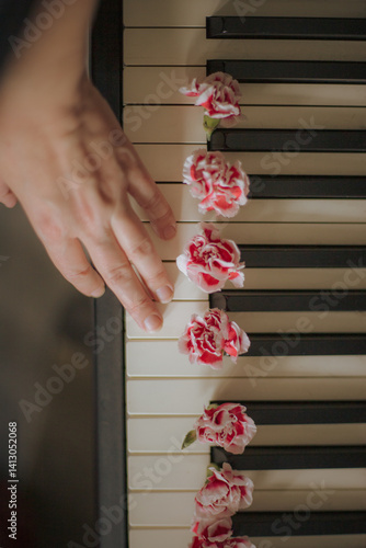 A woman's hand touching the keys of the piano on which are laid pink-white flowers