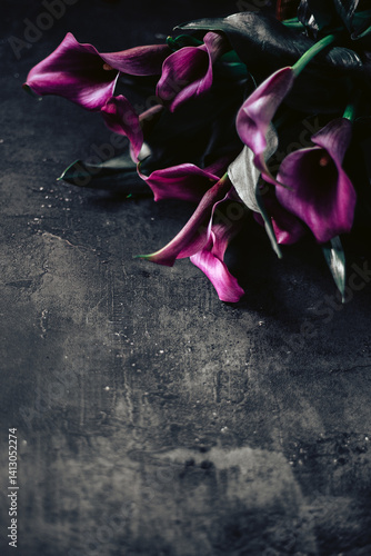 bouquet of purple flowers (kalle) on black background