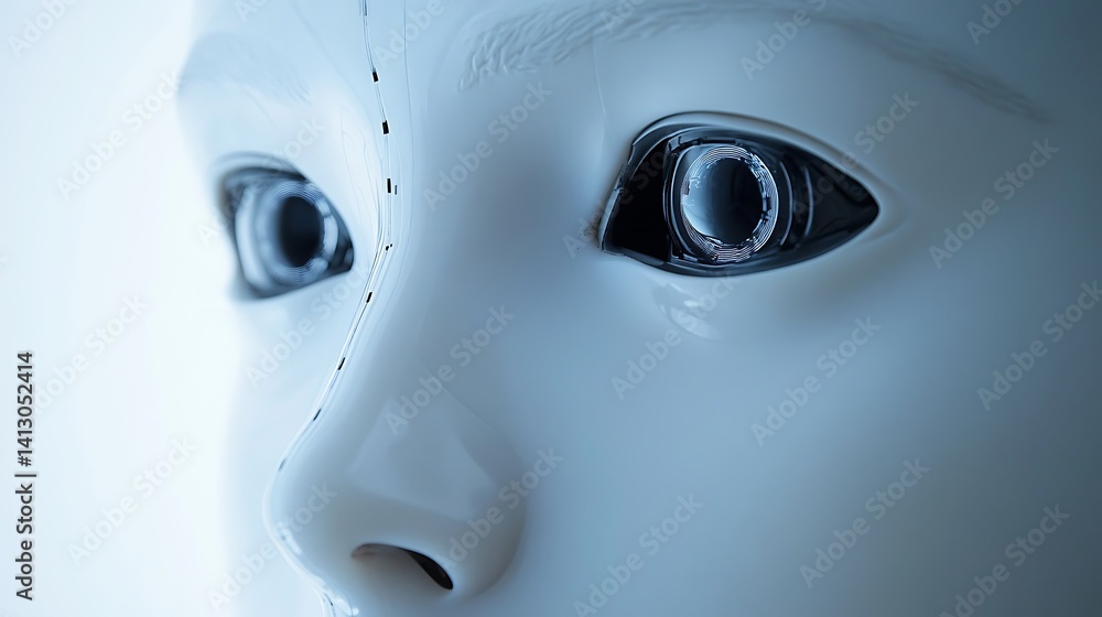 Close-up of robot face with digital eyes Close-up of robot face with digital eyes