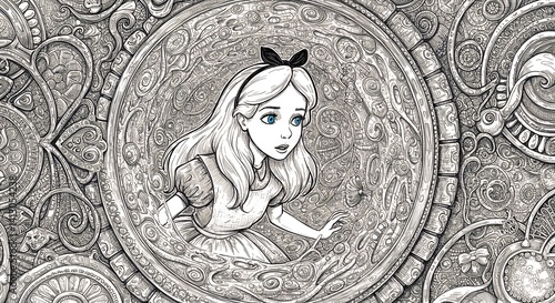 Alice in wonderland illustration black and white retro