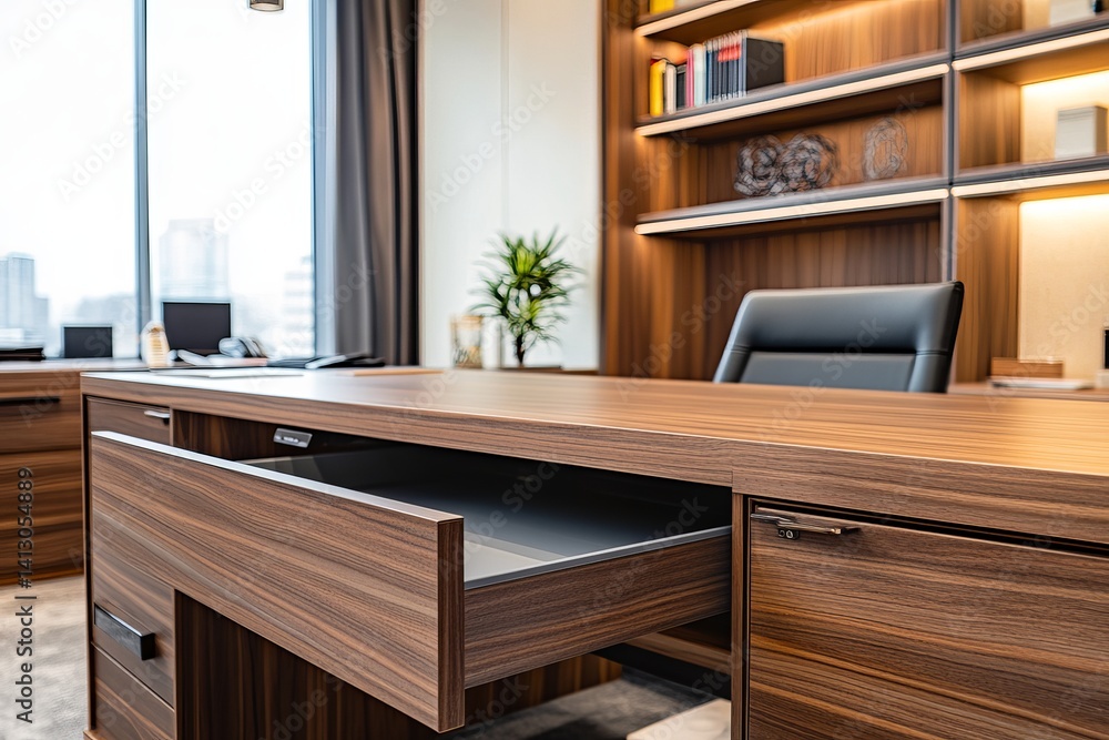 Fototapeta premium A modern office features a wooden desk with an open drawer and a view of the city through the window