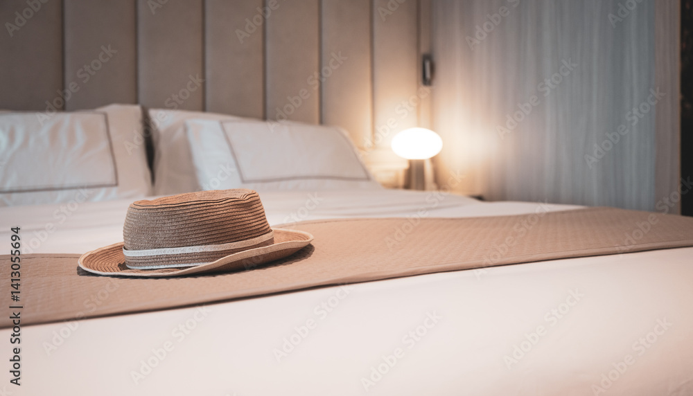 Summer Hat on Bed. Hotel, Cruise and Vacation Concept.