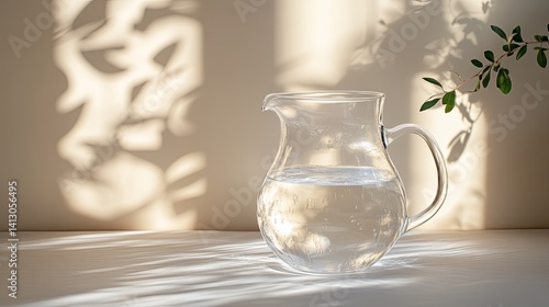 Refreshing water in glass pitcher on wooden table