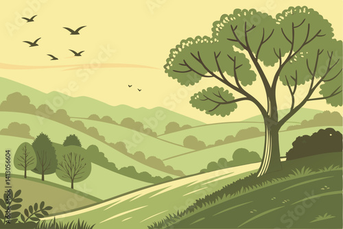 52 Serene landscape, rolling green hills, lush trees, sunset sky, soft gradient colors, peaceful countryside, flying birds silhouettes, cartoon style, vibrant foliage, tranquil scene, warm evening lig