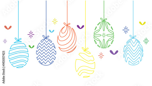 Happy Easter Day. Colorful hanging easter eggs with various modern line patterns and decoration. eps 10