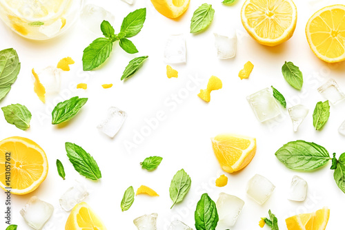 Refreshing Lemon Mint Iced Drink Ingredients Flat Lay