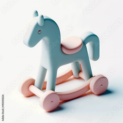Pastel-colored toy horse with wheels on a light background for childhood play, baby toys, and play time concept