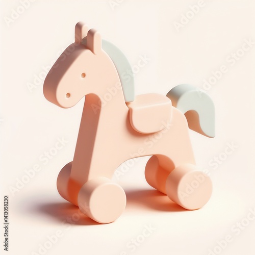 Pastel-colored toy horse with wheels on a light background for baby toys, early development, and happy childhood concept
