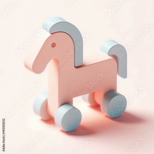 Pastel-colored toy horse with wheels on a light background for childhood play, baby toys, and early development