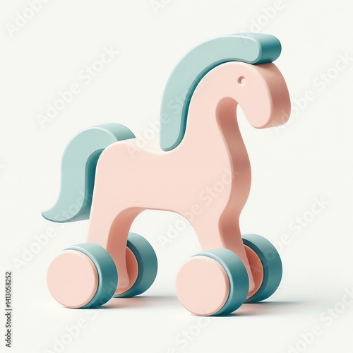 Pastel-colored toy horse with wheels on a light background for baby toys, childhood play, and early development