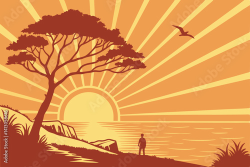 53 Vibrant sunset, ocean horizon, golden sun reflection, calm waters, radiating sunbeams, minimalist design, gradient colors, orange and yellow hues, tranquil seascape, digital illustration, vector ar