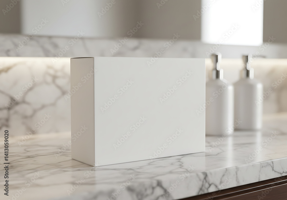 White box mockup on marble countertop with soap dispensers bathroom scene White box mockup on marble countertop with soap dispensers bathroom scene