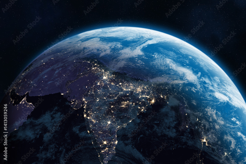 Earth. Space. Asia at night viewed from space with city lights. Near East, Central, West, South, East Asia at night viewed from space, high resolution image.