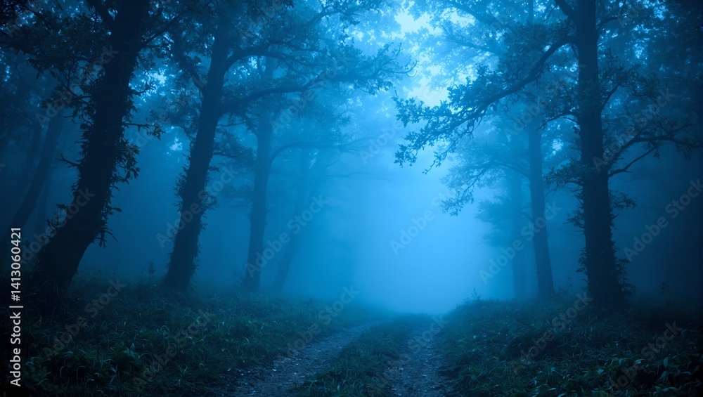 Enchanting forest path bathed in otherworldly blue light with ancient trees and swirling fog creating a surreal dreamlike ambiance Enchanting forest path bathed in otherworldly blue light with ancient trees and swirling fog creating a surreal dreamlike ambiance