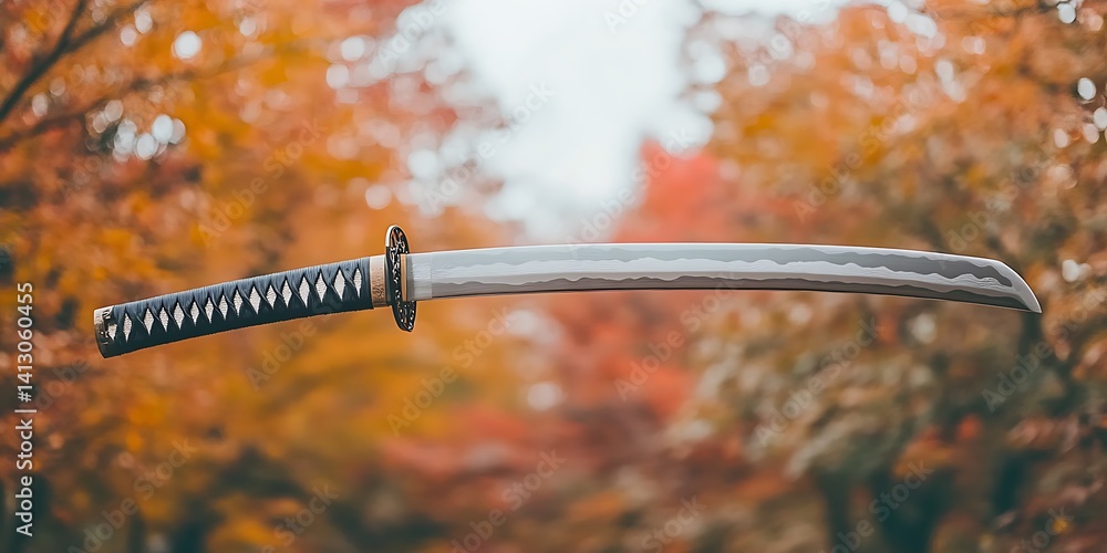Katana Sword Displayed Against a Vibrant Autumn Leaves Background for Martial Arts and Japanese Culture Katana Sword Displayed Against a Vibrant Autumn Leaves Background for Martial Arts and Japanese Culture