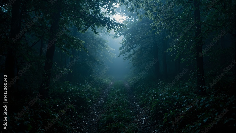 Explore the eerie depths of an abandoned forest trail veiled in mist exuding an air of mystery and beckoning the curious and brave