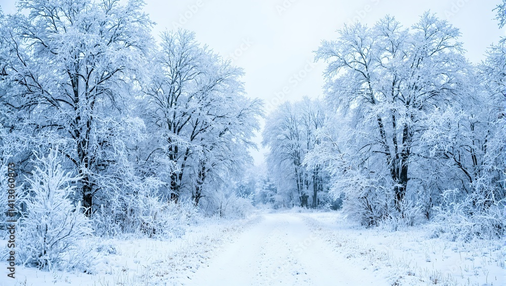 Tranquil winter forest landscape with a winding path frost kissed trees and a chilling sky Tranquil winter forest landscape with a winding path frost kissed trees and a chilling sky