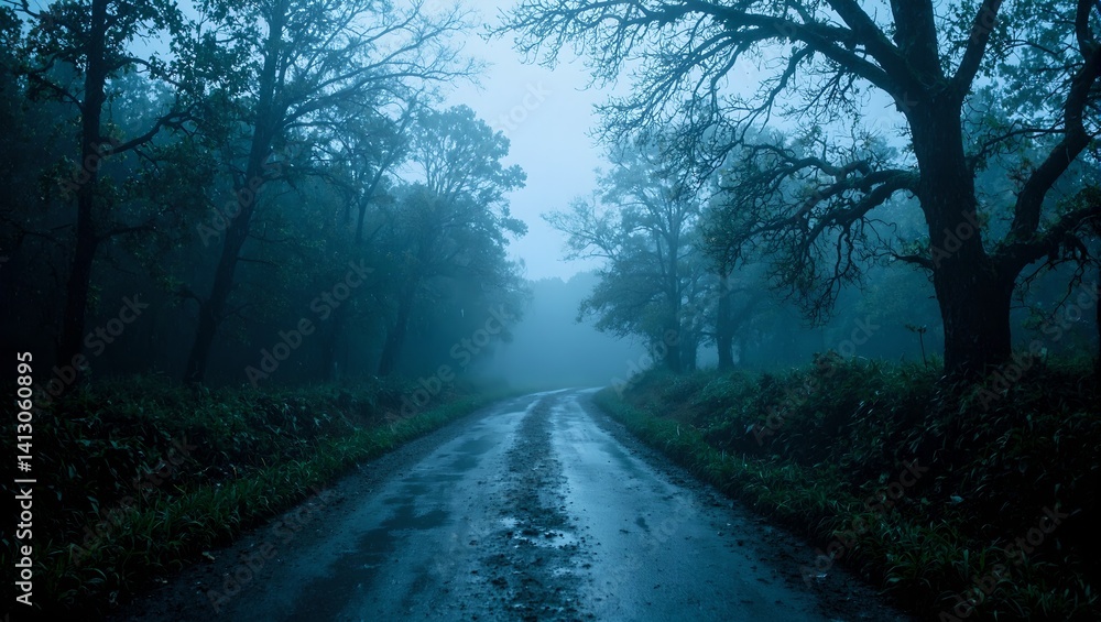 Fototapeta premium Escape into the eerie beauty of a forest path in the rain Dark silhouettes of trees and a slick reflective ground create a moody atmosphere