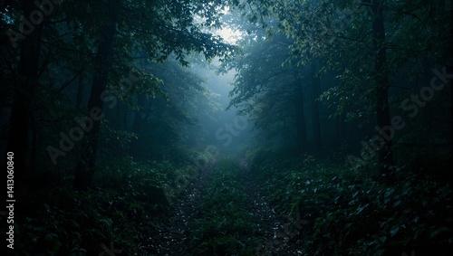 Obraz na płótnie Explore the eerie depths of an abandoned forest trail veiled in mist exuding an air of mystery and beckoning the curious and brave w salonie