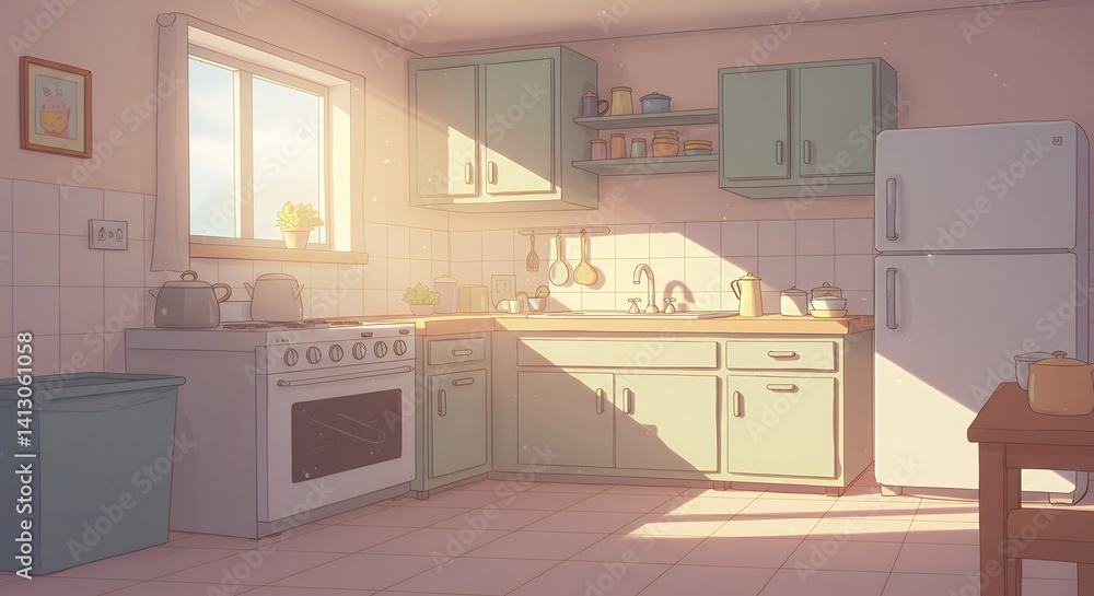 Fototapeta premium Sunlit Kitchen: A Pastel-Colored, Serene Morning Scene