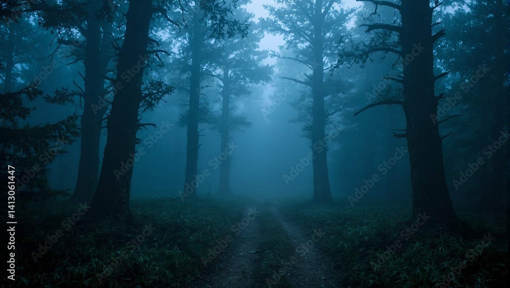 Obraz premium Explore the eerie depths of a fog shrouded forest with twisted trees looming overhead casting ominous shadows on a hidden trail
