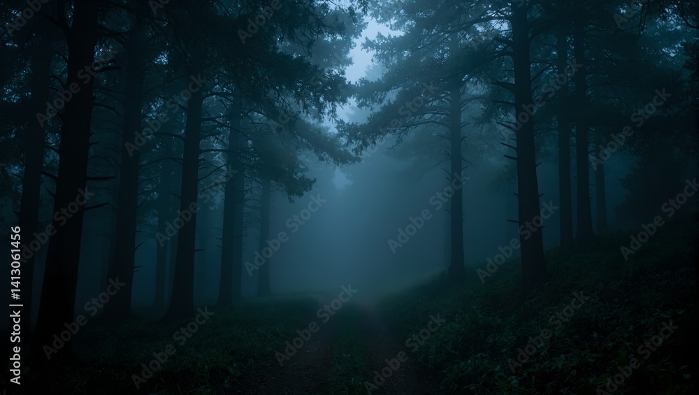 Obraz premium Explore the eerie depths of a fog shrouded forest with twisted trees looming overhead casting ominous shadows on a hidden trail