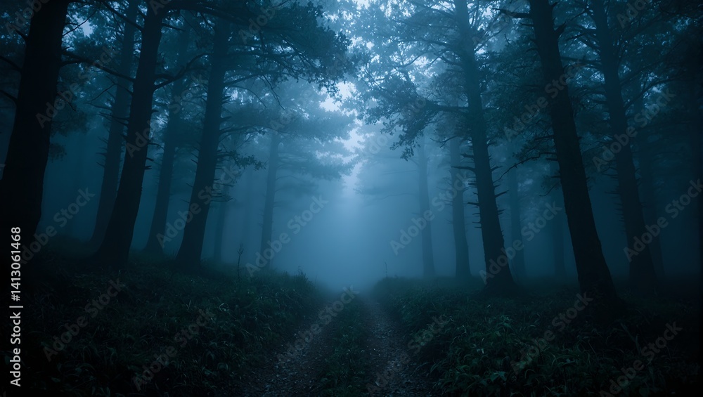 Obraz premium Explore the eerie depths of a fog shrouded forest with twisted trees looming overhead casting ominous shadows on a hidden trail