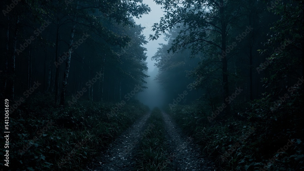 A haunting path winds through a dark eerie forest evoking a sense of foreboding and loneliness A haunting path winds through a dark eerie forest evoking a sense of foreboding and loneliness