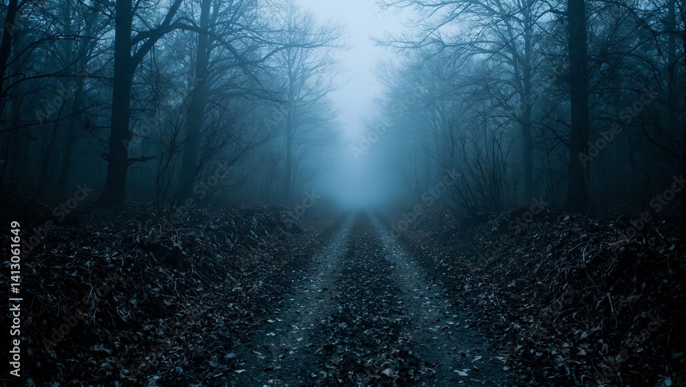 Obraz premium Explore the eerie beauty of a fog laden forest path littered with brittle leaves and broken twigs invoking a haunting sense of decay
