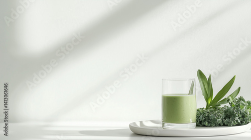 Green kale juice smoothie in glass beside fresh kale leaves on white plate, white background, natural light