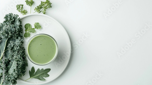 Green kale juice smoothie in glass beside fresh kale leaves on white plate, white background, natural light