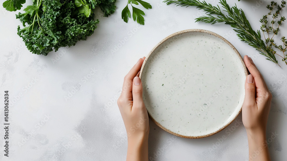 Overhead shot of vibrant kale smoothie with crisp leaves on ceramic white plate, clean setting