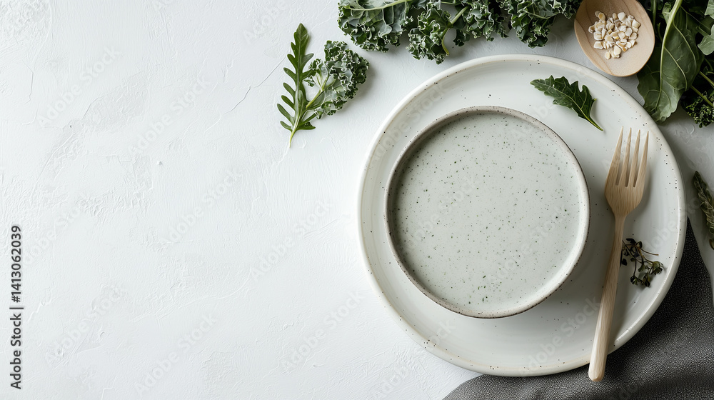 Overhead shot of vibrant kale smoothie with crisp leaves on ceramic white plate, clean setting