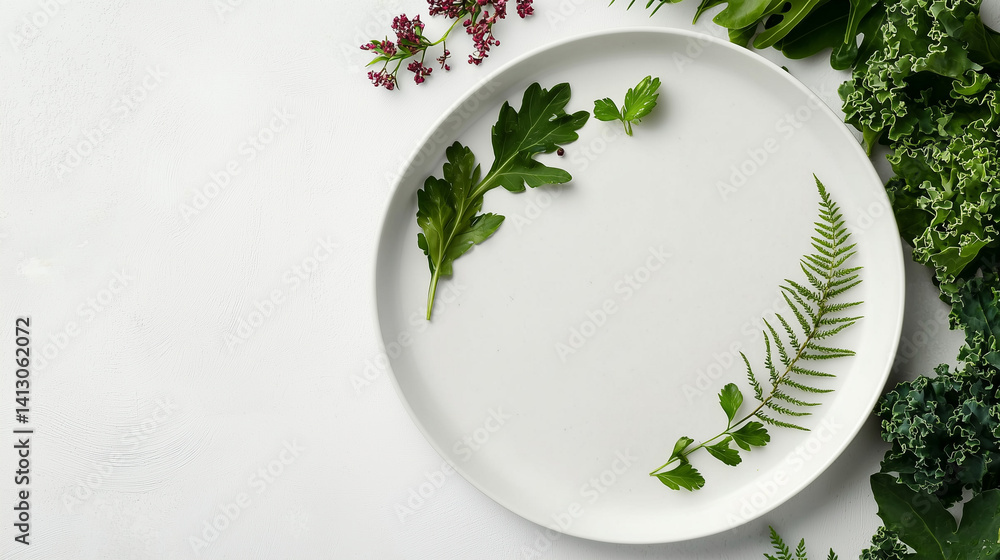 Overhead shot of vibrant kale smoothie with crisp leaves on ceramic white plate, clean setting