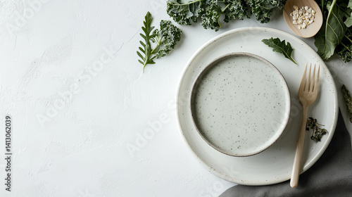 Obraz na płótnie Overhead shot of vibrant kale smoothie with crisp leaves on ceramic white plate, clean setting w salonie