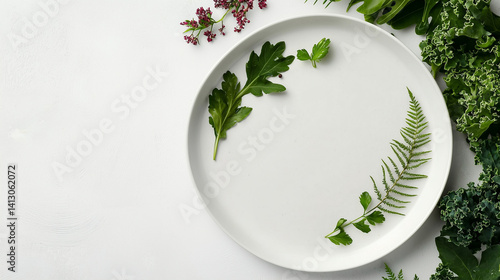Obraz na płótnie Overhead shot of vibrant kale smoothie with crisp leaves on ceramic white plate, clean setting w salonie