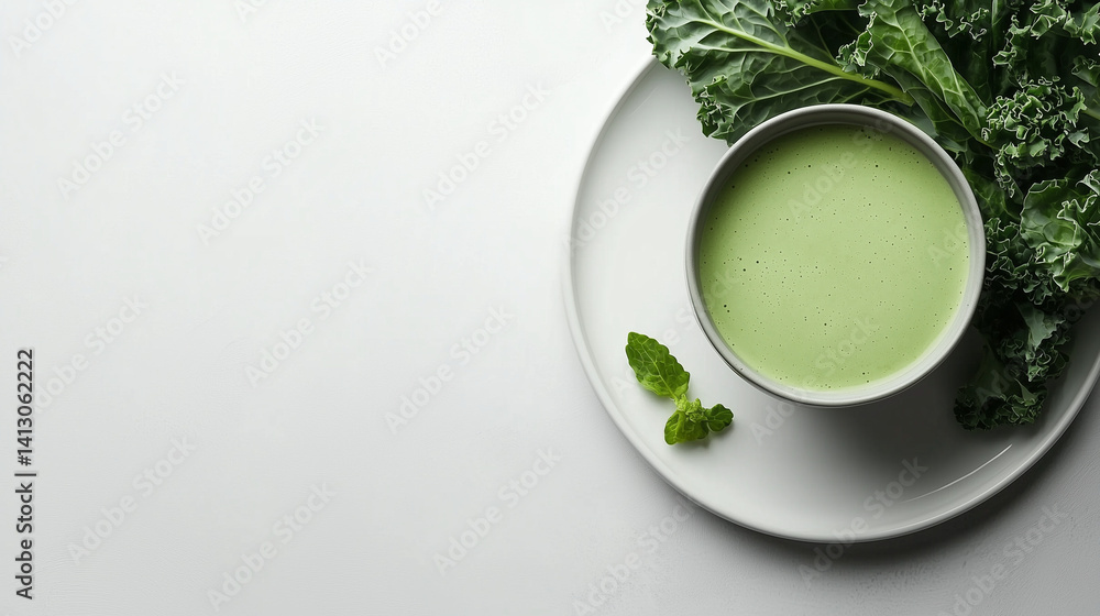 Kale smoothie with condensation, next to lush kale leaves on glossy white plate, studio light